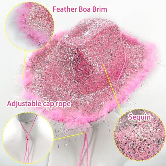 Pink Cowboy Hat with Feather Boa and Heart Sunglasses Women Men Party Accessory main image 8